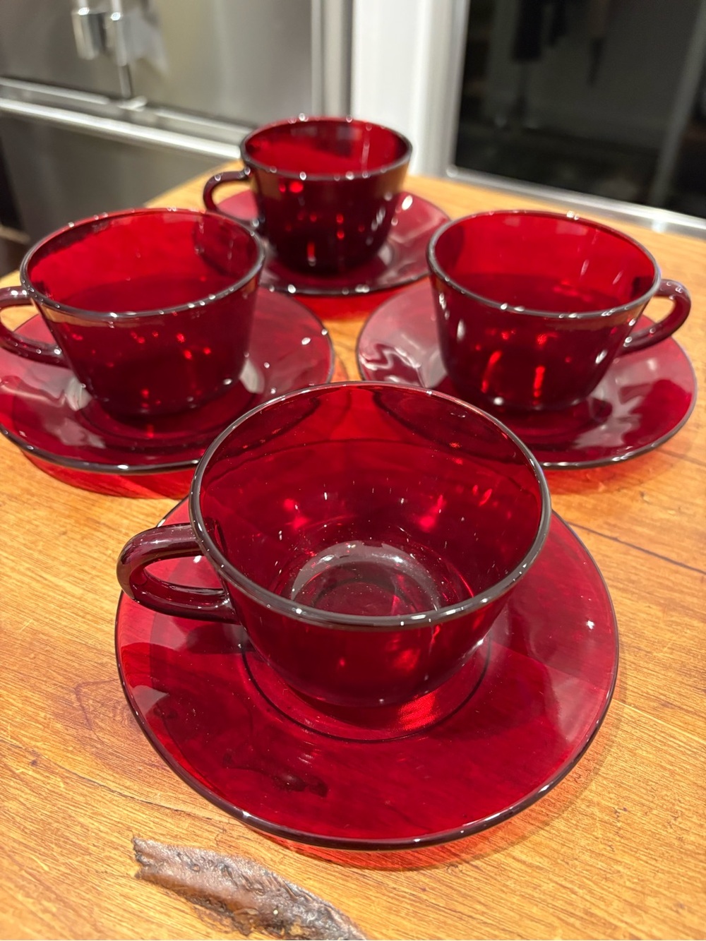 Ruby Red Vintage Glass Teacup and Saucer Set - 4 Pieces